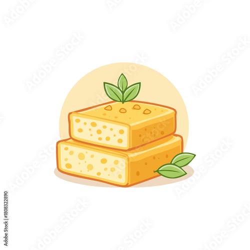 Two stacked squares of golden sponge cake with green leaves.