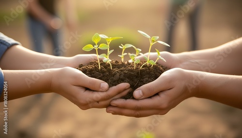 Hands holding bright green seedlings with soil, symbolizing community involvement, growth and nurturing, ideal for environmental, volunteer and sustainability stock imagery.