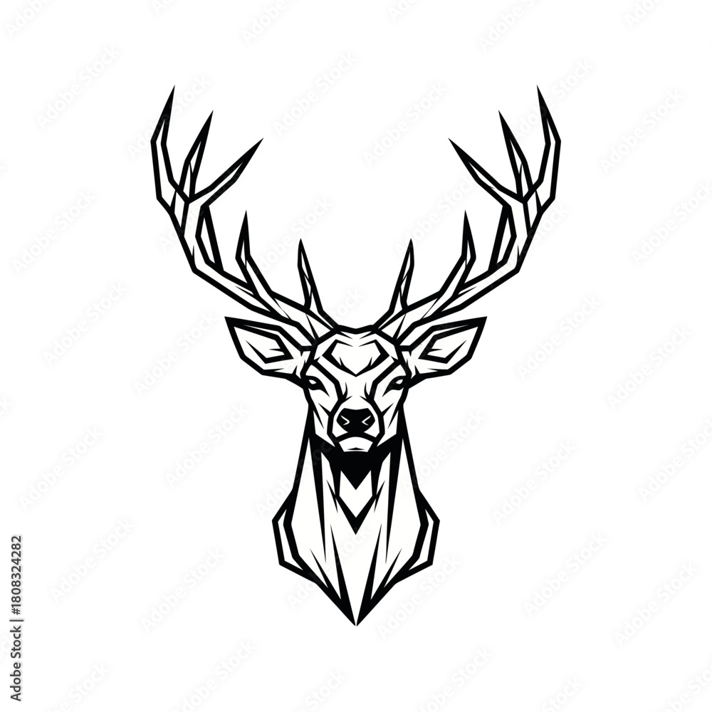 Naklejka premium Geometric deer head illustration with detailed antlers and sharp lines.