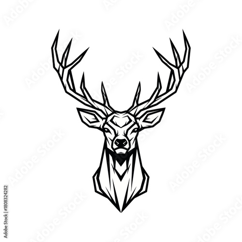 Geometric deer head illustration with detailed antlers and sharp lines.