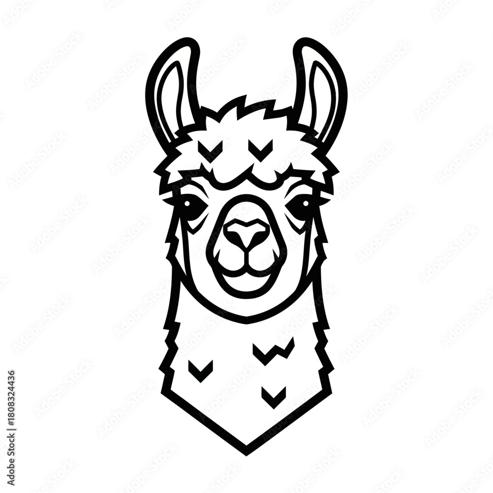 Naklejka premium Monochrome vector illustration of a cute llama head mascot.