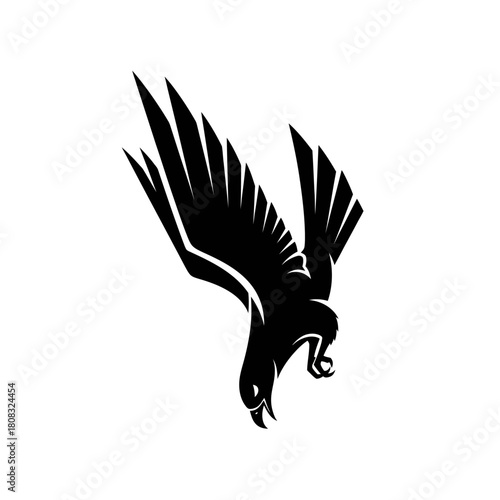 Black silhouette of a falcon in flight with wings spread wide.
