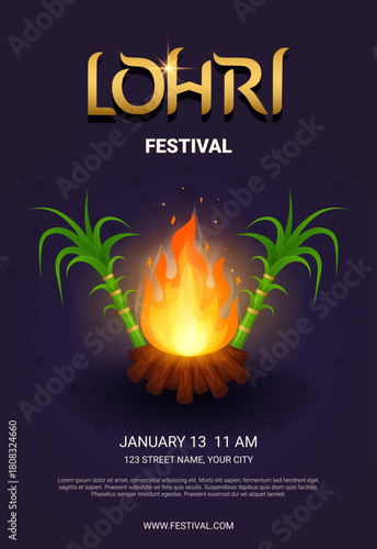 Happy Lohri festival indian fire harvest celebration vertical flyer with bonfire and sugarcane. Punjabi festive concept with devotion, spirituality, indian folk culture. Vector illustration