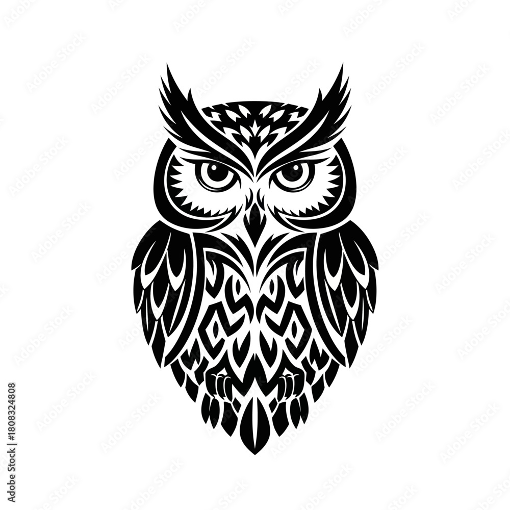 Fototapeta premium Stylized Black and White Owl Illustration with Intricate Feather Patterns.