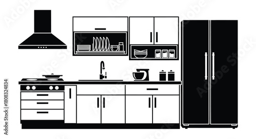 Modern kitchen design black and white vector illustration image