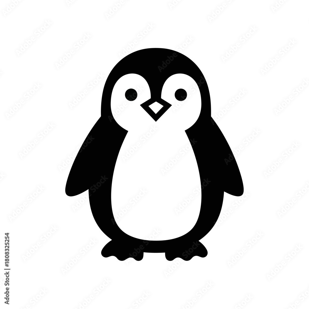 Obraz premium Simple black and white cartoon penguin icon isolated on a white background.