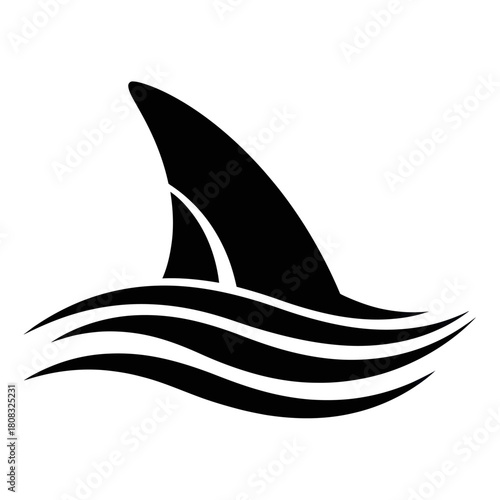 Stylized black shark fin emerging from ocean waves icon.