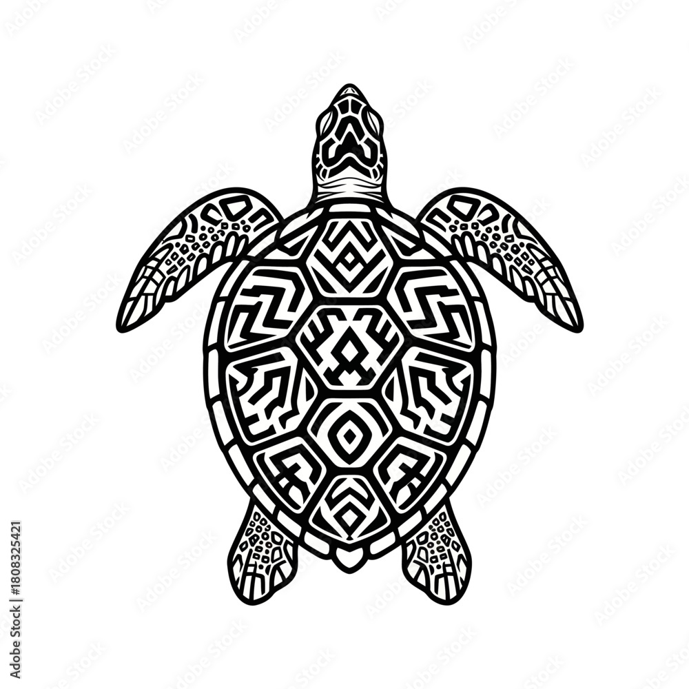 Fototapeta premium Intricate Sea Turtle Illustration - A Detailed Black and White Design.