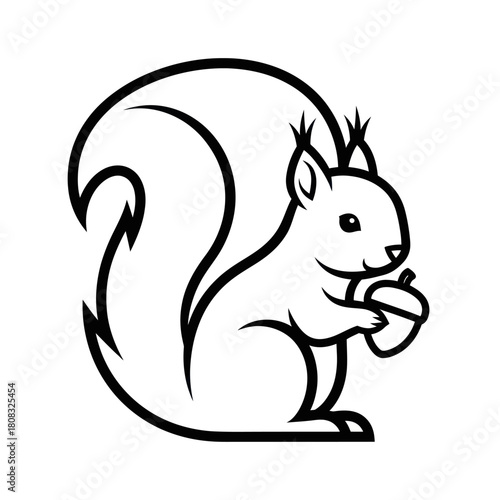 A simple black and white line art drawing of a squirrel holding an acorn.