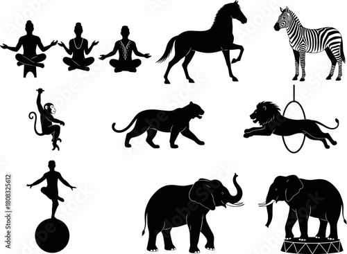 “Circus performer and animal silhouette collection featuring yoga poses, balancing acts, wild animals and acrobatic elements for creative entertainment themed vector illustration design”