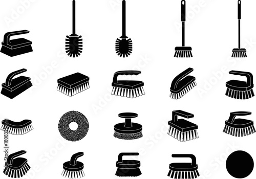 “Collection of black cleaning brush icons showing various scrub brush shapes, household cleaning tools, hygiene equipment silhouettes for maintenance, sanitation, and cleaning vector illustration”