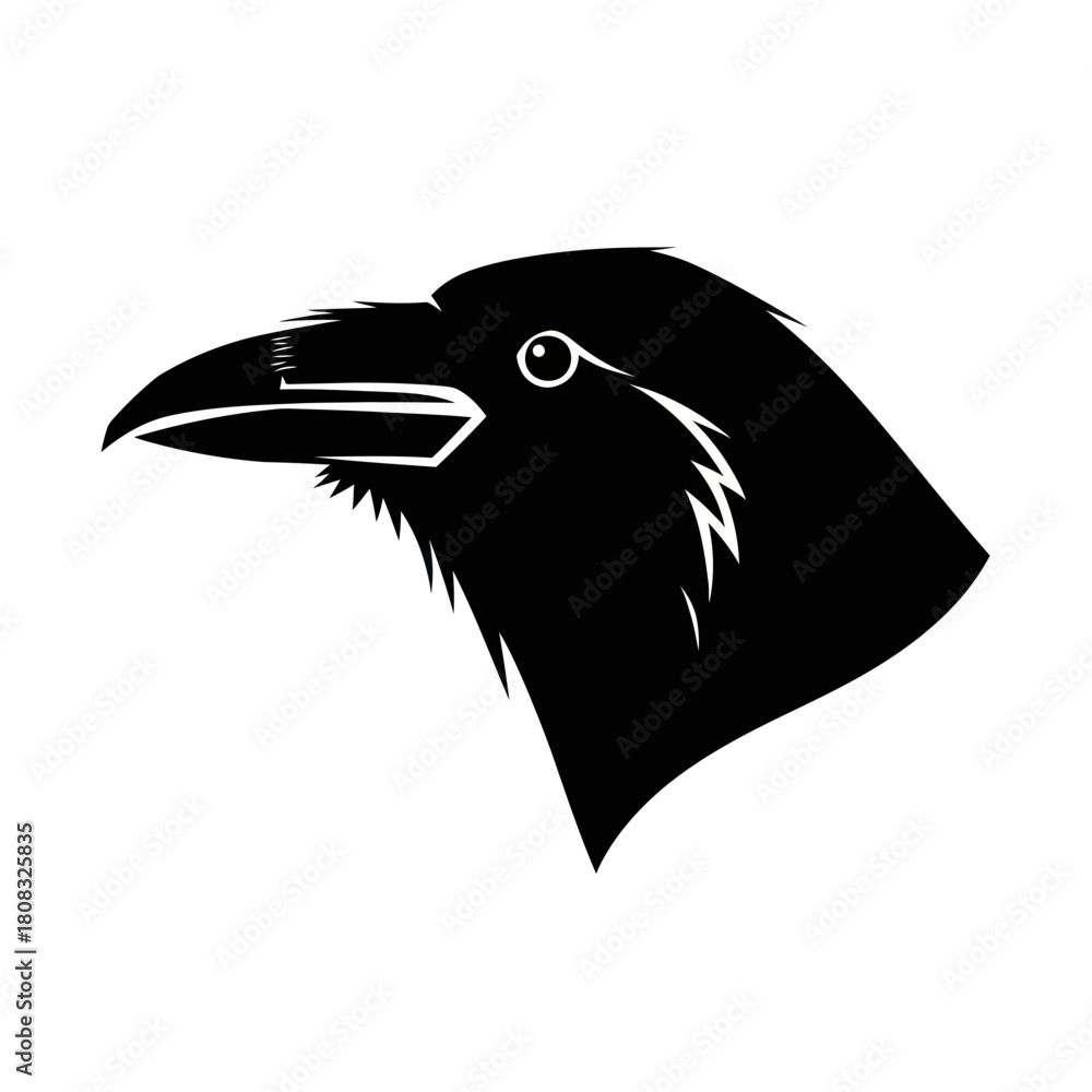 Naklejka premium Raven Head Silhouette - Striking Bird Profile in Black and White.
