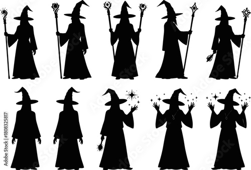 “Silhouette wizard characters performing magic spells with staffs and hand gestures, fantasy mage figure set for mystical illustration design and magical graphic projects”