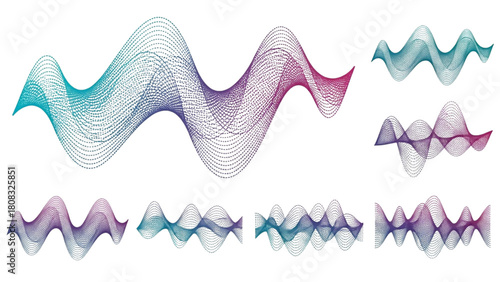 Vibrant collection of abstract sound waves and digital equalizer waveforms with colorful gradient lines
