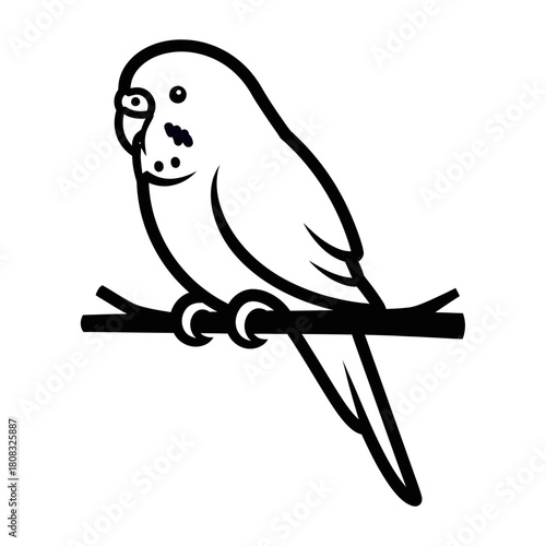 Simple black and white line art drawing of a budgerigar bird perched on a branch.