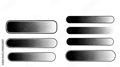Set of black and white web buttons with gradient and halftone patterns for user interface design