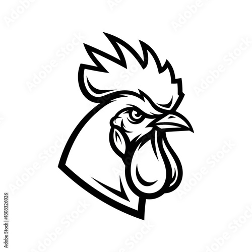 Rooster head profile illustration with sharp focus and intense gaze in black and white.