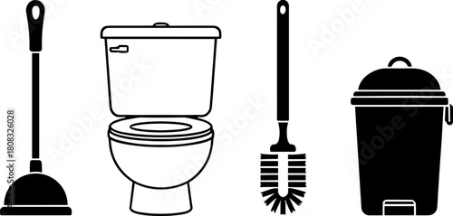Bathroom cleaning tools vector illustration featuring toilet plunger, toilet bowl, toilet brush and waste bin icons for hygiene, sanitation, home cleaning and maintenance