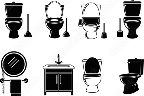 Bathroom essentials vector set featuring toilets, plungers, sink cabinet, mirror, and towel holder in clean black silhouette style for plumbing, cleaning, and interior design graphics