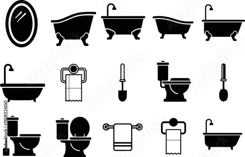 Bathroom fixtures and cleaning tools vector icons collection, featuring bathtubs, mirrors, toilets, towels, and accessories in bold black silhouette style for modern design use