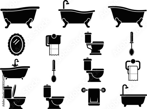 Bathroom fixtures and hygiene accessories black silhouette vector set, featuring bathtubs, toilets, mirrors, towel holders, and cleaning tools for modern interior design