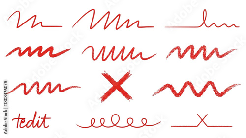 Collection of Red Scribble Lines, Marks, Crosses, and Decorative Elements