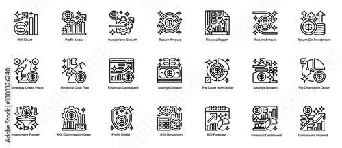 Return On Investment Set Line Icon, Outline Symbol for Financial Performance, Business Profitability, Data Analysis, Strategy Planning, and Value Measurement. Vector Sign Icon.