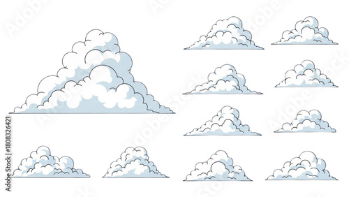 A collection of hand-drawn cartoon clouds in various shapes, isolated on a white background