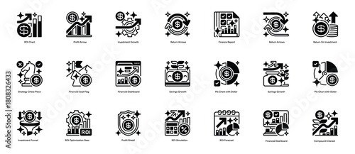 Return On Investment Set Line Icon, Outline Symbol for Financial Performance, Business Profitability, Data Analysis, Strategy Planning, and Value Measurement. Vector Sign Icon.