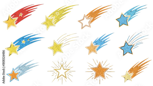 Vibrant collection of hand-drawn shooting stars and comets with a crayon sketch texture