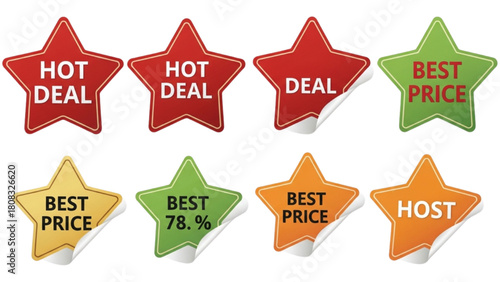Collection of colorful star shaped stickers for announcing sales, hot deals, and special offers