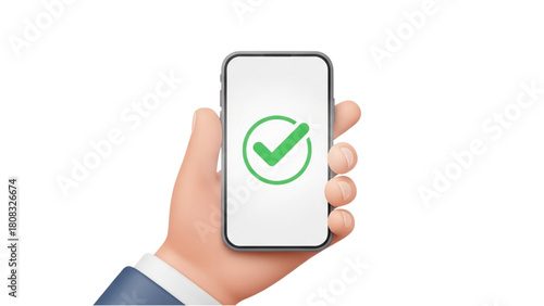 3D cartoon hand holding a mobile phone with a green check mark symbol on the screen, isolated on white