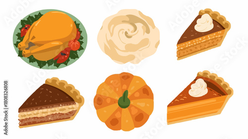 Hearty Thanksgiving Feast Vector Illustration Roasted Turkey, Sweet Pumpkin Pie, and Creamy Mashed Potatoes