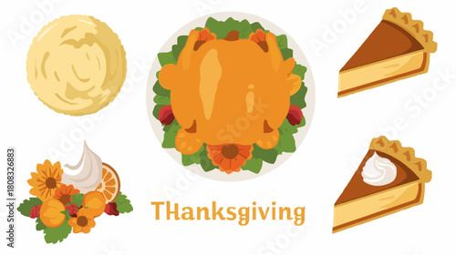 . Flat Illustration of Classic Thanksgiving Dishes Top View
