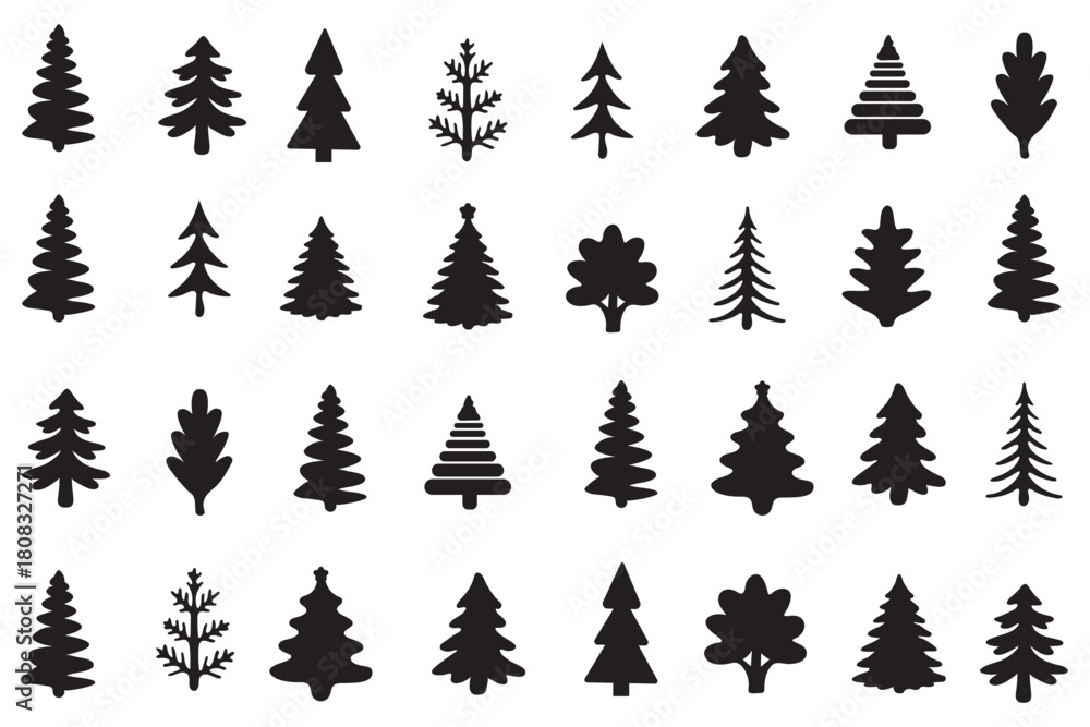 Obraz premium Pine tree ,Tree silhouette icon collection, forest and pine tree vector set, nature foliage design bundle, simple black isolated tree shapes