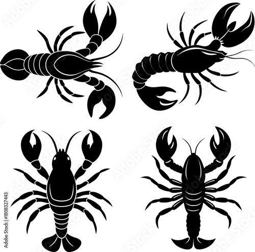 Set of four black and white lobster silhouettes