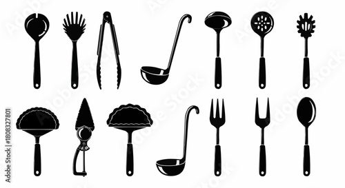 Collection of Kitchen Utensils Silhouettes Isolated on White Background.