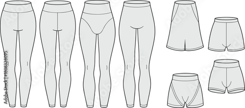 Athletic bottoms front view collection, leggings and shorts styles, waistband variations, seam details, fashion sketch, garment template, apparel design, technical illustration