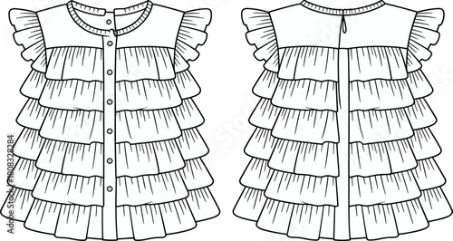 Baby girl multi-tiered ruffle blouse technical flat sketch, featuring flutter sleeves, button front placket, round neck, front and back view, isolated vector illustration template.