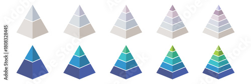 Levels of triangular pyramid. Half triangle pyramid chart. Maslow layer diagram. Development level infographic. Business graph. Vector illustration isolated on white background. Colorful Pyramid Icon.