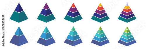 Levels of triangular pyramid. Half triangle pyramid chart. Maslow layer diagram. Development level infographic. Business graph. Vector illustration isolated on white background. Colorful Pyramid Icon.