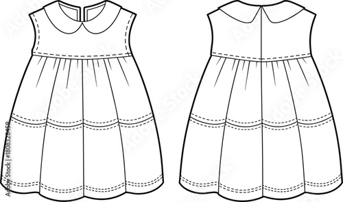 Baby girl sleeveless dress technical flat sketch, featuring peter pan collar, gathered yoke, tiered skirt, front and back view, isolated vector illustration fashion design template.