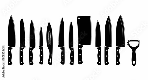 Silhouette Collection of Kitchen Knives and Peeler.