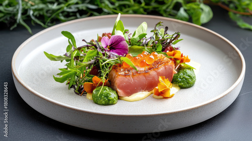 Wallpaper Mural Seared tuna with microgreens, edible flowers and caviar pearls minimalist plate, elegant plating Torontodigital.ca