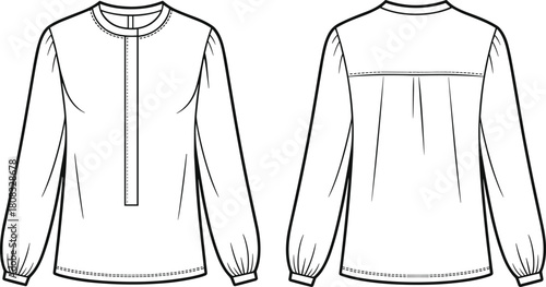 Blouse technical sketch front back view, fashion design drawing, sewing pattern layout, garment construction detail, long sleeve illustration, pleated yoke design, clothing blueprint