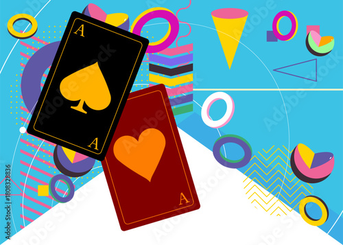 Poker Playing Card geometrical graphic retro theme background. Minimal geometric elements. Vintage abstract shapes vector illustration.