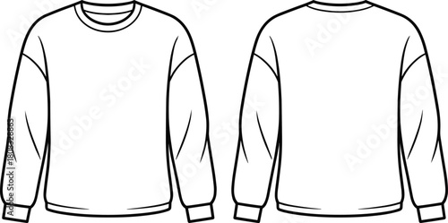Crewneck sweatshirt front and back view, long sleeves, ribbed cuffs and hem, seam detail, fashion sketch, garment template, apparel design, technical illustration