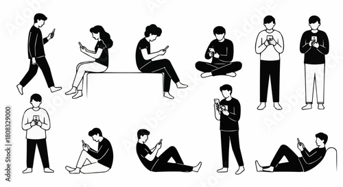 People engrossed in smartphones, various poses, black and white line art.