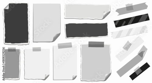 Vector set of torn paper sheets and adhesive tape strips.