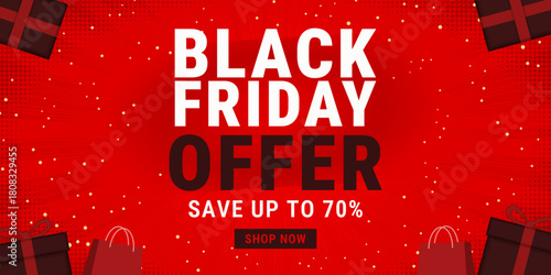 Bold Black Friday offer banner with large white and black text on a vibrant red background, decorated with gift boxes, sparkles, and shopping elements.